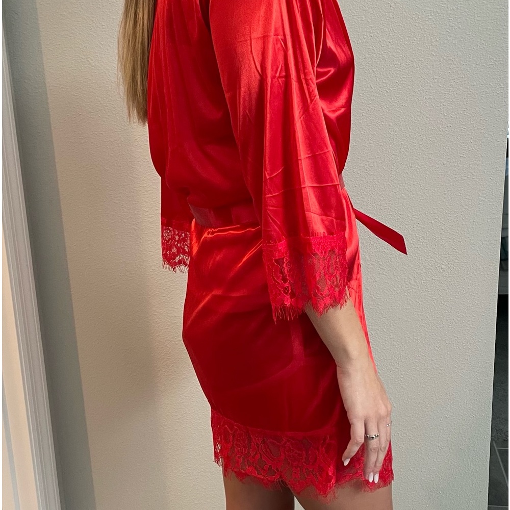Red Lightweight Silky Robe with belt and thong- NEW